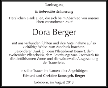Traueranzeige von Dora Berger von Mitteldeutsche Zeitung Mansfelder Land