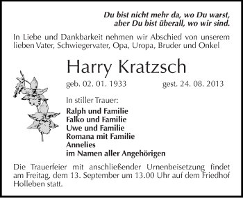 Traueranzeige von Harry Kratzsch von Mitteldeutsche Zeitung Halle/Saalkreis