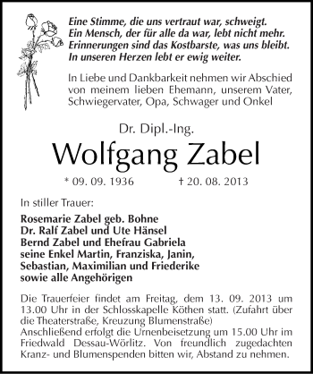 Traueranzeige von Wolfgang Zabel von Mitteldeutsche Zeitung