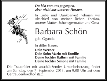 Traueranzeige von Barbara Schön von Mitteldeutsche Zeitung Halle/Saalkreis