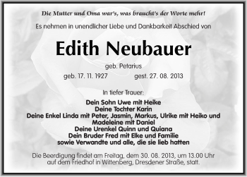 Traueranzeige von Edith Neubauer von Mitteldeutsche Zeitung Wittenberg