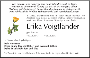 Traueranzeige von Erika Voigtländer von Mitteldeutsche Zeitung Halle/Saalkreis