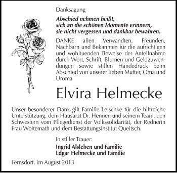 Traueranzeige von Elvira Helmecke von Mitteldeutsche Zeitung Köthen