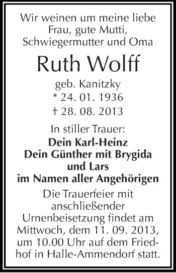 Traueranzeige von Ruth Wolff von Mitteldeutsche Zeitung Halle/Saalkreis