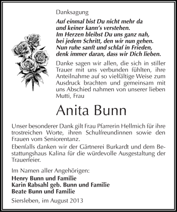 Traueranzeige von Anita Bunn von Mitteldeutsche Zeitung Mansfelder Land