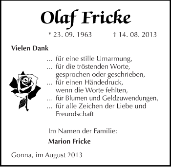 Traueranzeige von Olaf Fricke von Mitteldeutsche Zeitung Sangerhausen