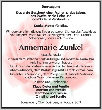 Traueranzeige von Annemarie Zunkel von Mitteldeutsche Zeitung Sangerhausen