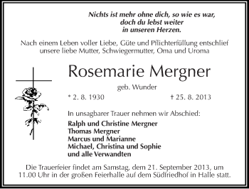 Traueranzeige von Rosemarie Mergner von Mitteldeutsche Zeitung Halle/Saalkreis