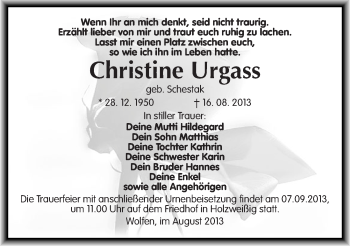 Traueranzeige von Christine Urgass von Mitteldeutsche Zeitung Bitterfeld