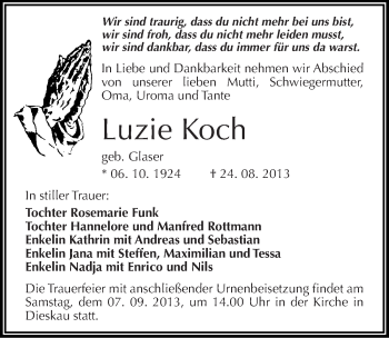 Traueranzeige von Luzie Koch von Mitteldeutsche Zeitung Halle/Saalkreis
