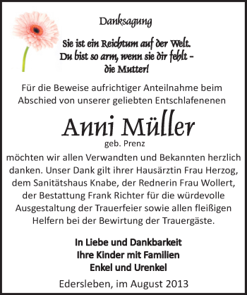 Traueranzeige von Anni Müller von Mitteldeutsche Zeitung Sangerhausen
