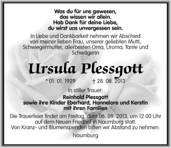 Traueranzeige von Ursula Plessgott von Mitteldeutsche Zeitung Naumburg/Nebra