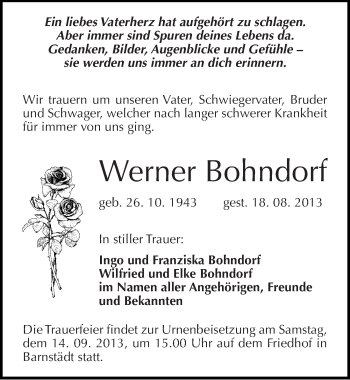 Traueranzeige von Werner Bohndorf von Mitteldeutsche Zeitung Merseburg/Querfurt