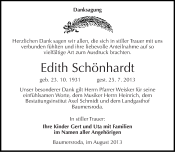 Traueranzeige von Edith Schönhardt von Mitteldeutsche Zeitung Naumburg/Nebra