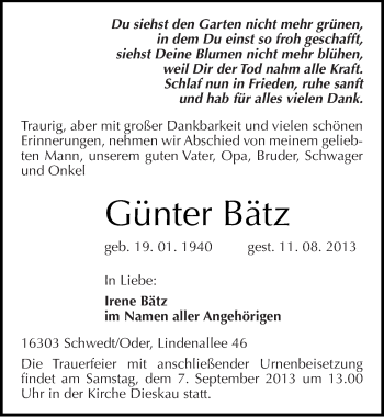 Traueranzeige von Günter Bätz von Mitteldeutsche Zeitung Weißenfels