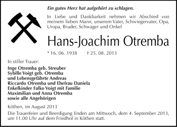 Traueranzeige von Hans-Joachim Otremba von Mitteldeutsche Zeitung Köthen
