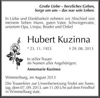 Traueranzeige von Hubert Kuzinna von Mitteldeutsche Zeitung Mansfelder Land