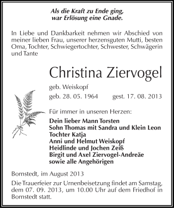 Traueranzeige von Christina Ziervogel von Mitteldeutsche Zeitung Mansfelder Land
