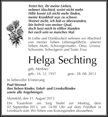 Traueranzeige von Helga Sechting von Mitteldeutsche Zeitung Mansfelder Land