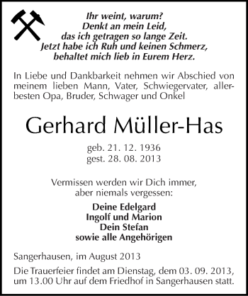 Traueranzeige von Gerhard Müller-Has von Mitteldeutsche Zeitung Sangerhausen