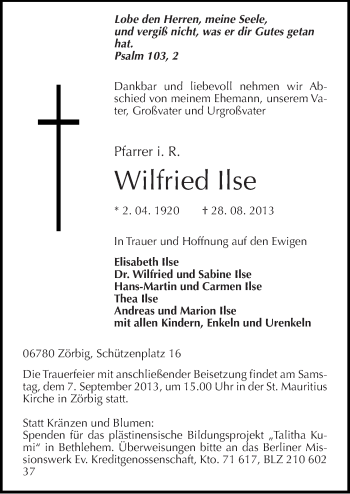 Traueranzeige von Wilfried Ilse von Mitteldeutsche Zeitung