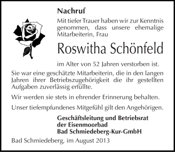 Traueranzeige von Roswitha Schönfeld von Mitteldeutsche Zeitung Wittenberg
