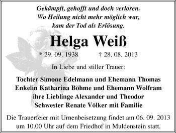 Traueranzeige von Helga Weiß von Mitteldeutsche Zeitung Bitterfeld