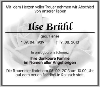 Traueranzeige von Ilse Brühl von Mitteldeutsche Zeitung Bitterfeld