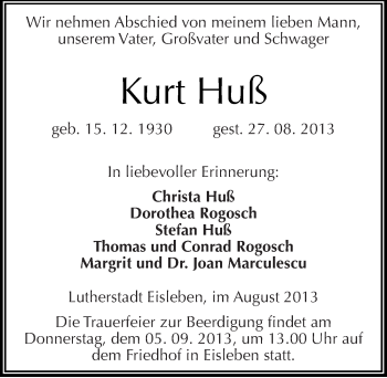 Traueranzeige von Kurt Huß von Mitteldeutsche Zeitung Mansfelder Land