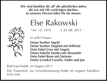 Traueranzeige von Else Rakowski von Mitteldeutsche Zeitung Merseburg/Querfurt