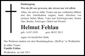 Traueranzeige von Helmut Fehlau von WVG - Wochenspiegel Halle