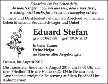 Traueranzeige von Eduard Stefan von Super Sonntag Dessau / Köthen
