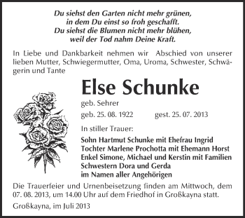 Traueranzeige von Else Schunke von WVG - Wochenspiegel Merseburg