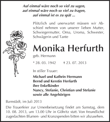 Traueranzeige von Monika Herfurth von WVG - Wochenspiegel NMB / WSF / ZTZ
