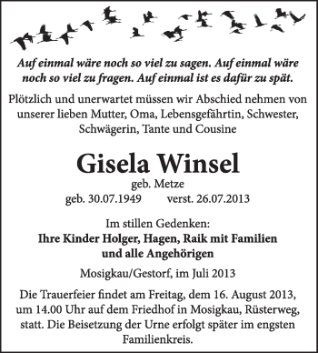 Traueranzeige von Gisela Winsel von Super Sonntag Dessau / Köthen