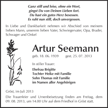 Traueranzeige von Artur Seemann von WVG - Wochenspiegel Merseburg