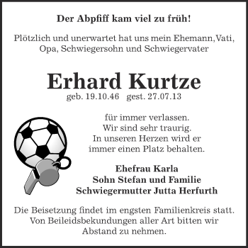 Traueranzeige von Erhard Kurtze von Super Sonntag SGH Mansf. Land