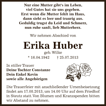 Traueranzeige von Erika Huber von WVG - Wochenspiegel Dessau / Köthen