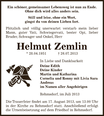 Traueranzeige von Helmut Zemlin von Super Sonntag Zeitz