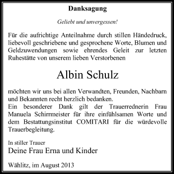 Traueranzeige von Albin Schulz von WVG - Wochenspiegel NMB / WSF / ZTZ