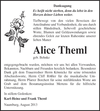 Traueranzeige von Alice Theml von WVG - Wochenspiegel NMB / WSF / ZTZ