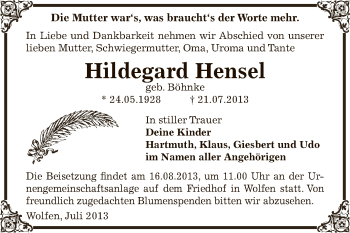 Traueranzeige von Hildegard Hensel von WVG - Wochenspiegel Bitterfeld