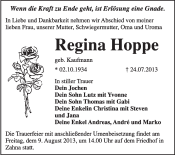 Traueranzeige von Regina Hoppe von WVG - Wochenspiegel Wittenberg