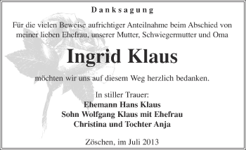 Traueranzeige von Ingrid Klaus von Super Sonntag Merseburg