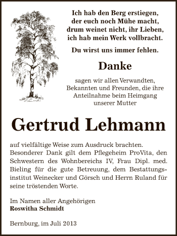 Traueranzeige von Gertrud Lehmann von Super Sonntag Bernburg