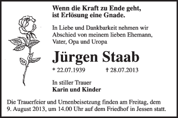Traueranzeige von Jürgen Staab von WVG - Wochenspiegel Wittenberg
