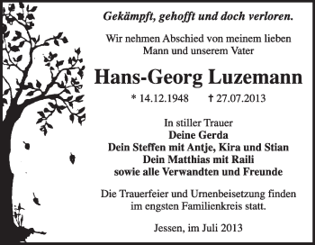 Traueranzeige von Hans-Georg Luzemann von WVG - Wochenspiegel Wittenberg