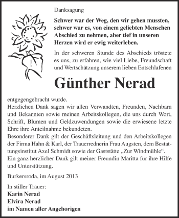 Traueranzeige von Günther Nerad von WVG - Wochenspiegel NMB / WSF / ZTZ