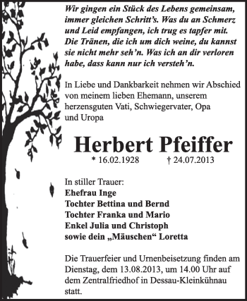 Traueranzeige von Herbert Pfeiffer von Super Sonntag Dessau / Köthen