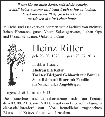 Traueranzeige von Heinz Ritter von WVG - Wochenspiegel Merseburg